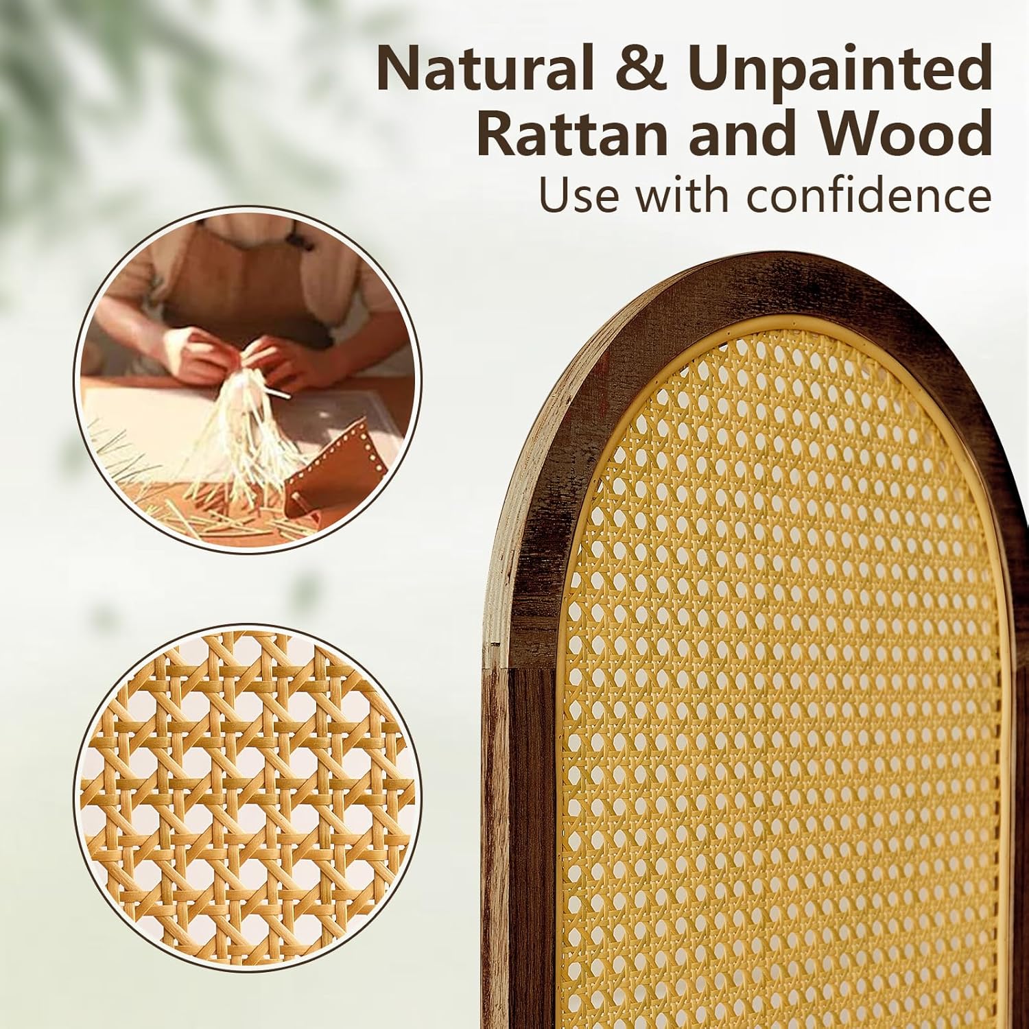6 Panels Room Dividers and Hand-Woven Rattan Room Divider Wall, Wood Room Divider Folding Privacy Screens for Home Office Bedroom, Brown
