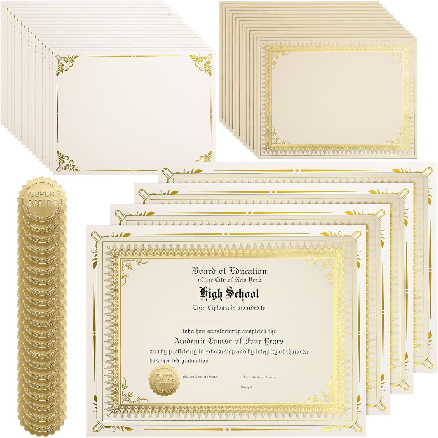 Fainne 50 Sets Certificate Kit Includes 50 Pcs 9.5 x 12 Inch Certificate Holders 50 Pcs Letter Size Papers 50 Pcs Foil Award Seals Diploma Covers for Appreciation(Beige, Gold)