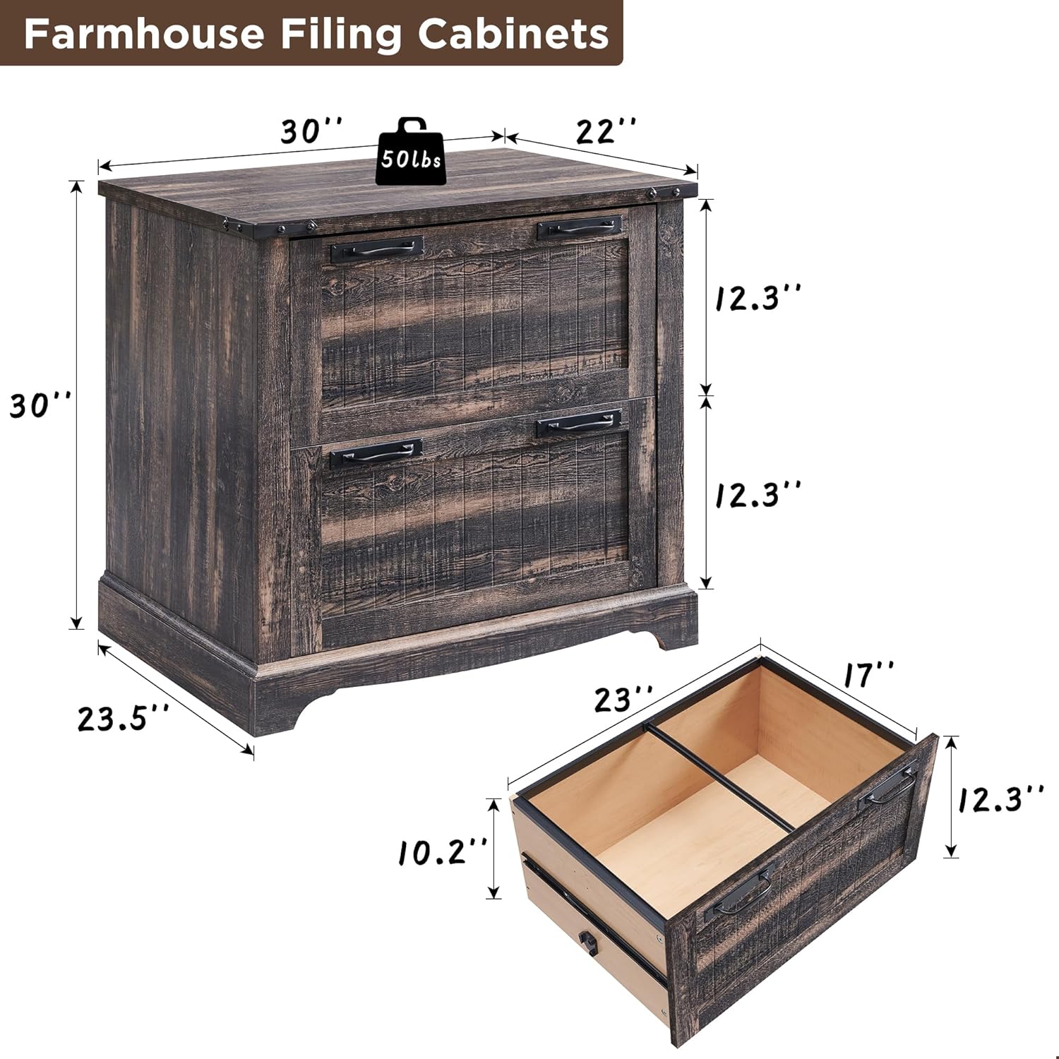 RedLemon File Cabinet with 2 Drawers, Farmhouse 30" Filing Cabinets with Hanging File Folders for A4/Letter/Legal Size Documents,Office Storage Cabinet for Study Room, Living Room (Dark Rustic Oak)