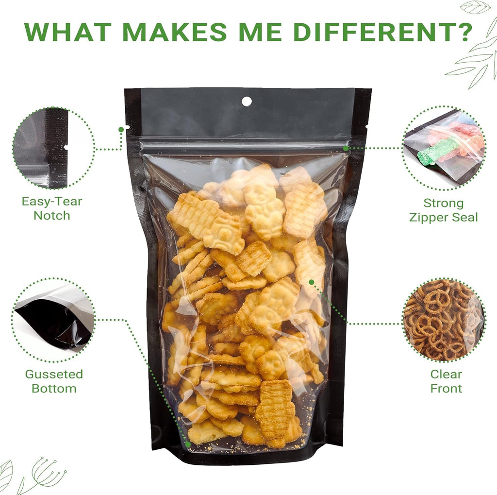 100 Pack 6"x9.5" Clear/Black Nylon Resealable Stand Up Pouch Bags Mylar Food Packaging with Tear Notches