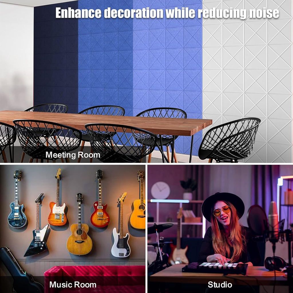 Sonicism 12 Pack X-Lined Acoustic Panels with Self-Adhesive, 12"X 12"X 0.4" Sound Proof Foam Panels, Decorative Soundproof Wall Panels, Sound Absorbing Tile for Home & Offices, Dark Blue