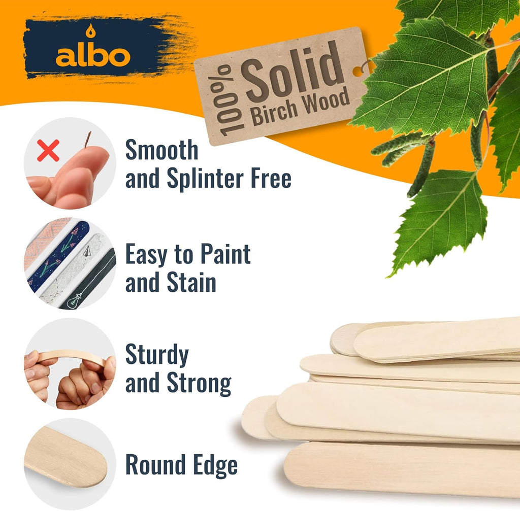 ALBO 1000 Pack 6" Wood Popsicle Sticks | Food-Safe Ice Cream, Cake Pop & Chocolate Molds | Waxing Applicators, Epoxy Resin Stir Sticks, Tongue Depressors | Bulk DIY Craft Supplies for Kids & Pros