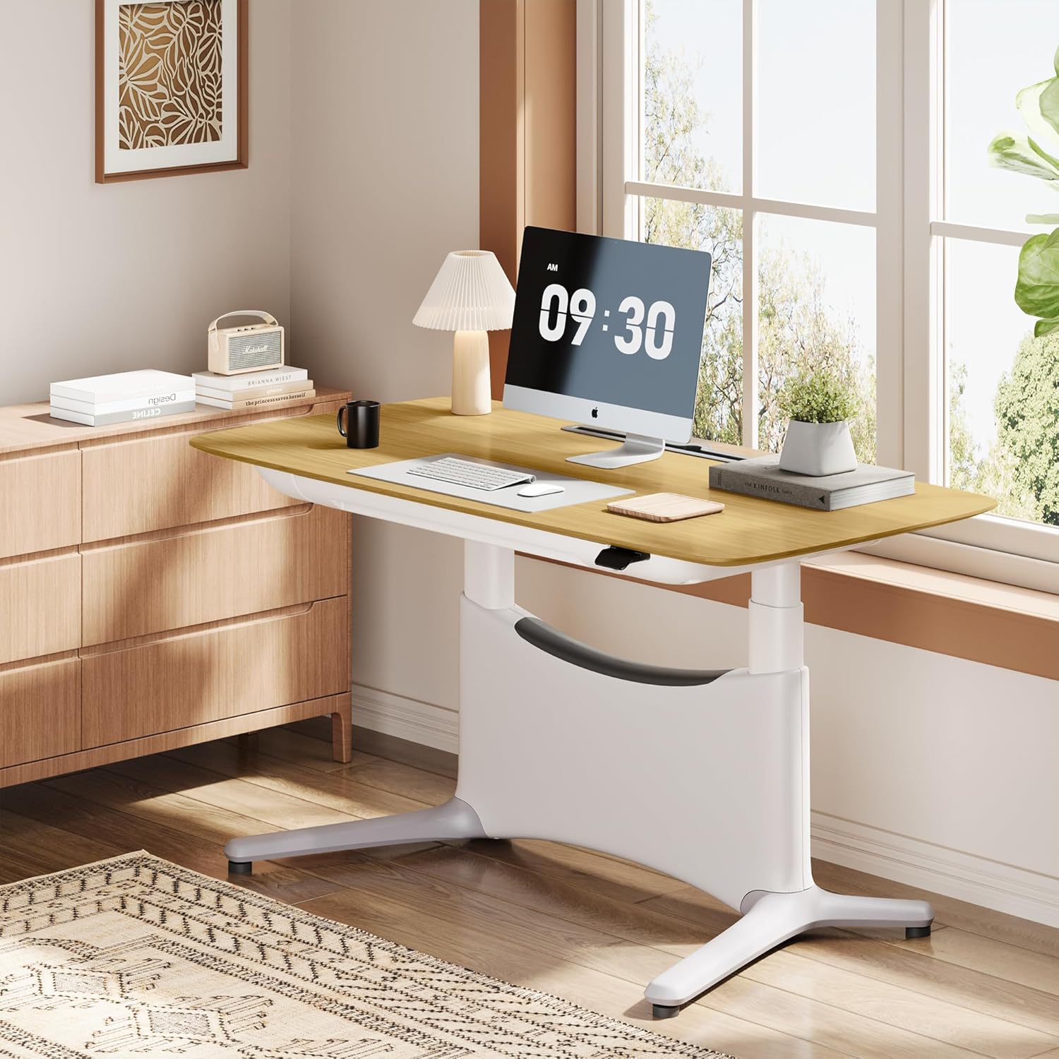 COLAMY Electric Standing Desk, Whole-Piece Gaming Desk with Dual Motors, Ergonomic Footrest, Drawers for Storage, Adjustable Height Sit-Stand Desk for Home Office (Veneer Desktop, Oak + White)