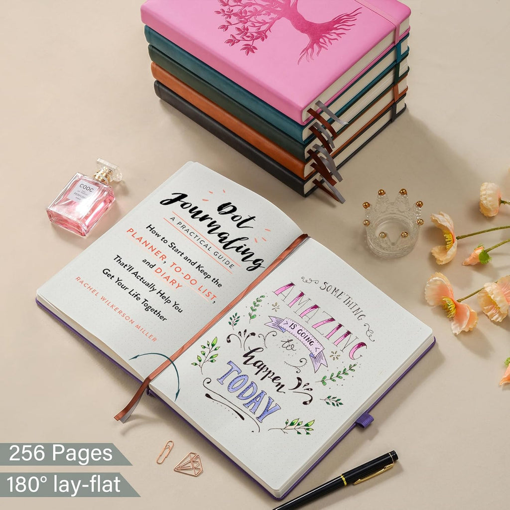 ZXHQ A5 Bullet Dotted Journal Notebook - 150gsm Thick Paper, 256 Pages, Dot Grid Hardcover, Tree of Life Design, Fine Inner Pocket - 5.9" × 8.5" Purple