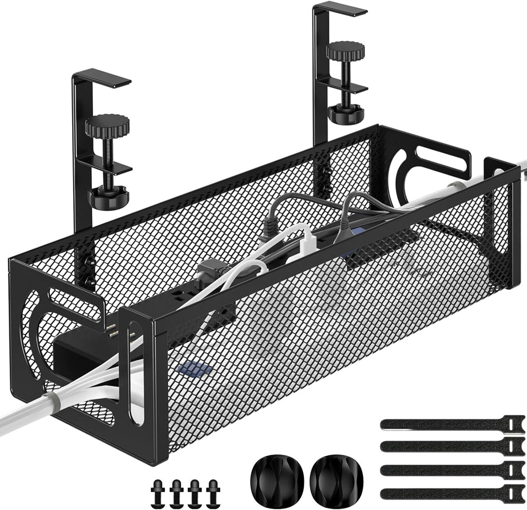 Under Desk Cable Management Tray, 15.7'' No Drill Steel Desk Cable Organizers, Wire Management Tray Cable Management Rack (1 Pack-Black)