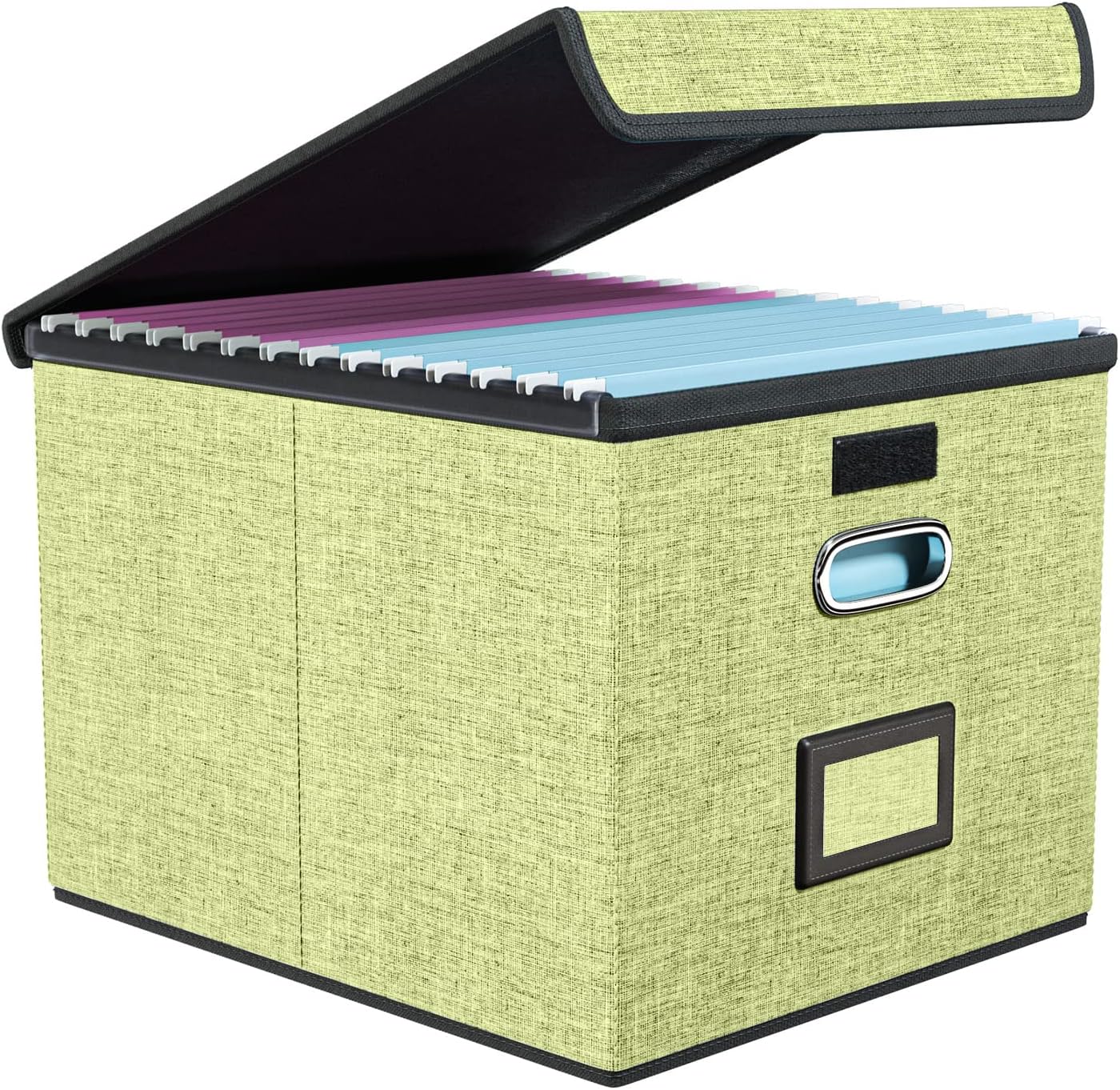 Huolewa Decorative File Organizer Storage Box with Lid, Linen Hanging Filing & Storage Box with Plastic Slide for Office/Decor/Home, Universal Hanging Filing Organization Box for Letter/Legal Folder