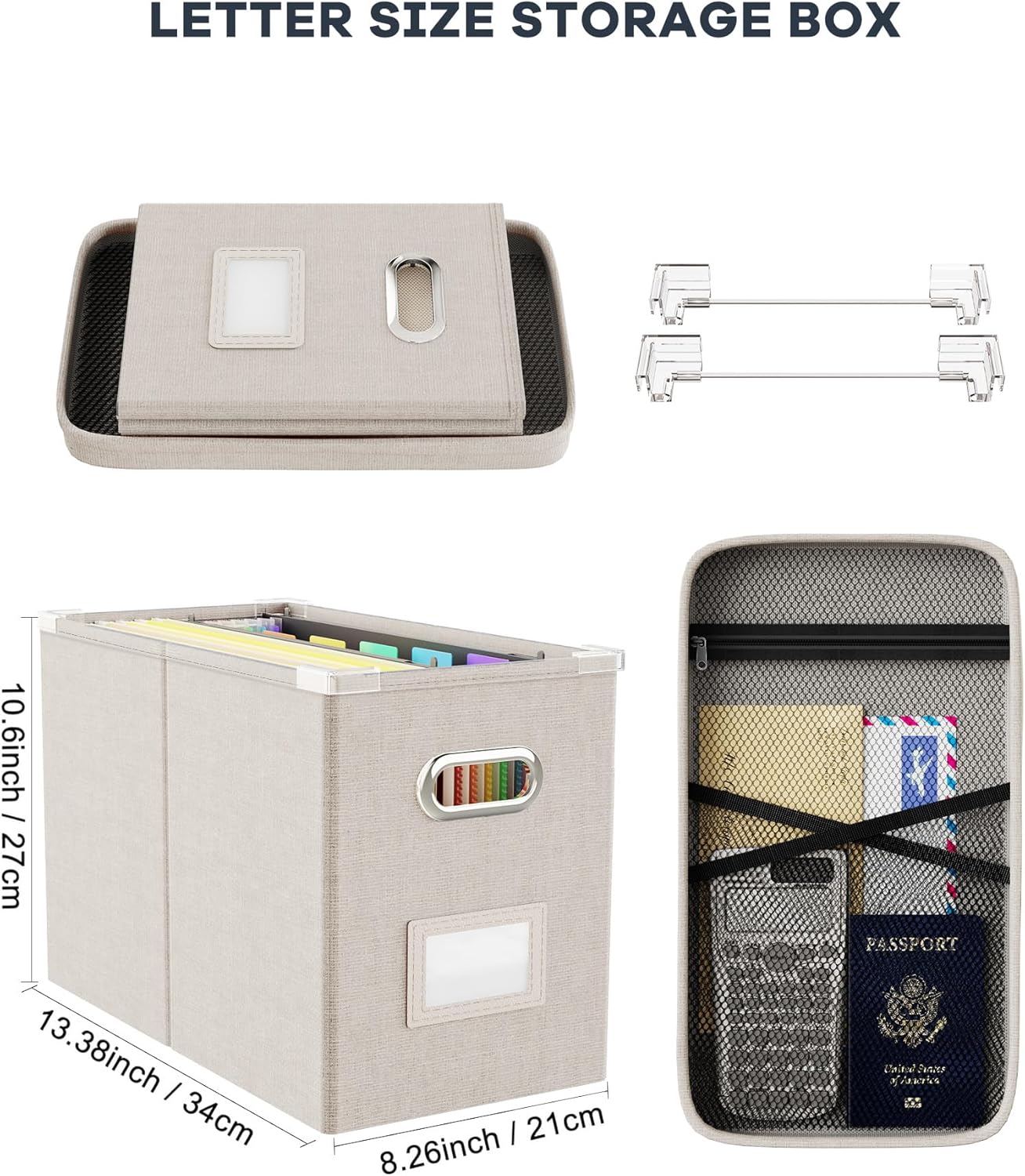 Oterri File Organizer With Lid, Hanging Filing Box With Mesh Pocket, Document Organizer for Letter Files, Portable Storage With Smooth Sliding Rail for Office & Home (2 PCS, Beige)