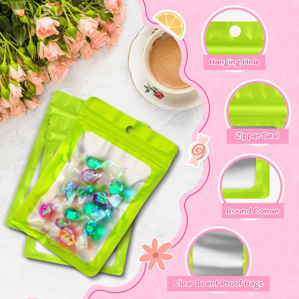FUNFERY 100 Pack Mylar Resealable Bags Foil Packaging Bags with Clear Window,Zipper Pouch Smell Proof Bag for Food Storage,Cookies,Sample,Small Business(Green,2.4x3.9inch)