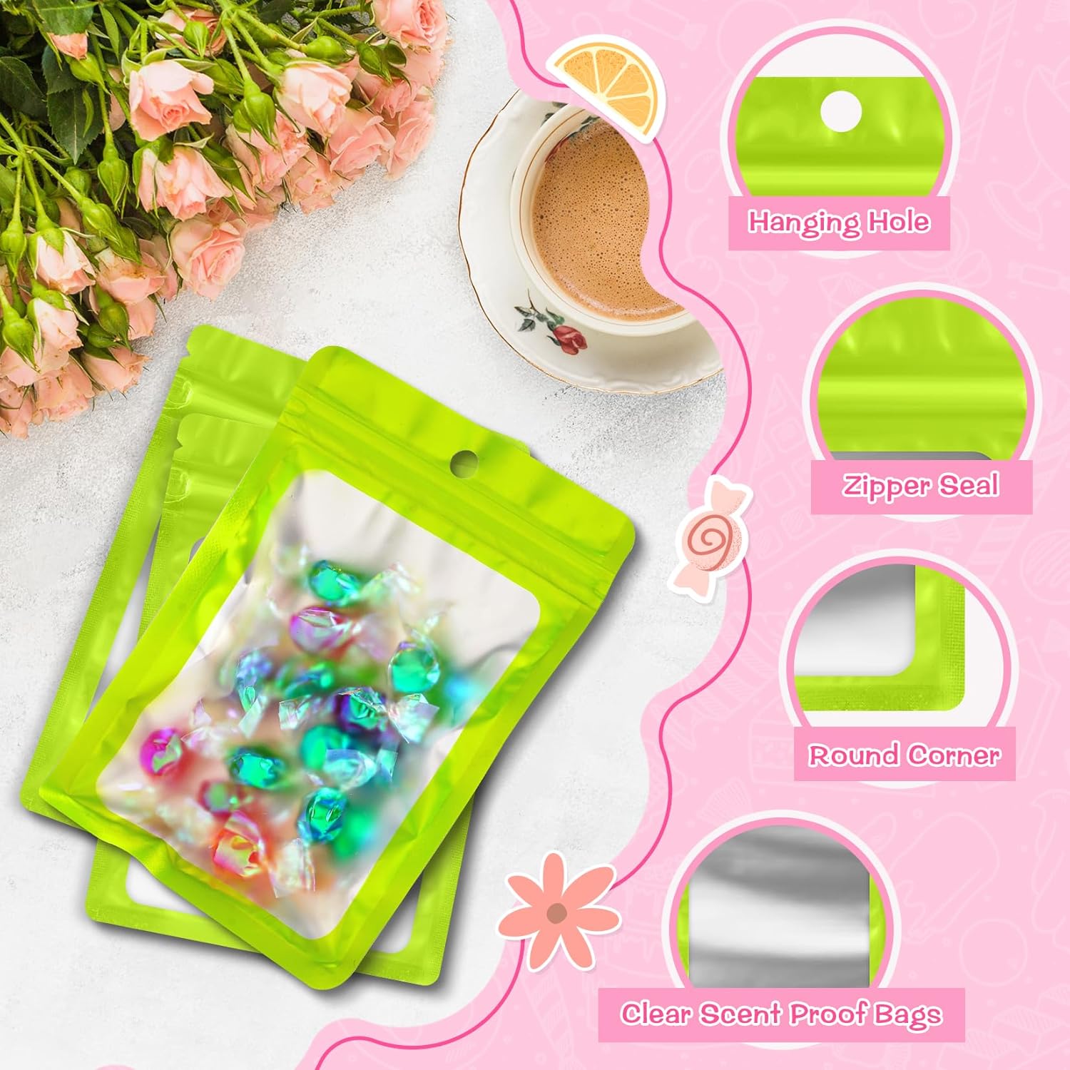 FUNFERY 100 Pack Mylar Resealable Bags Foil Packaging Bags with Clear Window,Zipper Pouch Smell Proof Bag for Food Storage,Cookies,Sample,Small Business(Green,2.4x3.9inch)