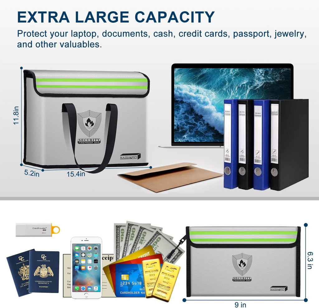 Fireproof Document Box (16"x 12" x 5") Silicone Coated with Shoulder Strap and Zipper Closure, Fireproof Money Bag (8.75"x6.0") for Cash, Coin, Credit Cards, Passport, and other Valuables