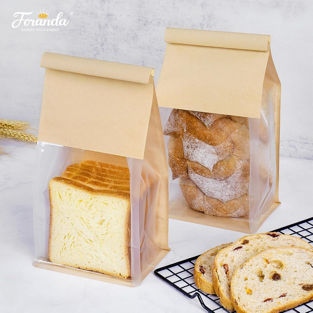 100 Pack Bakery Bags with Window, 5.1x3.9x11 Inches Tin Tie Tab Lock Resealable Bread Loaf Bags for Packaging Homemade Sourdough Bread, Cookies, Bagels, Pastry