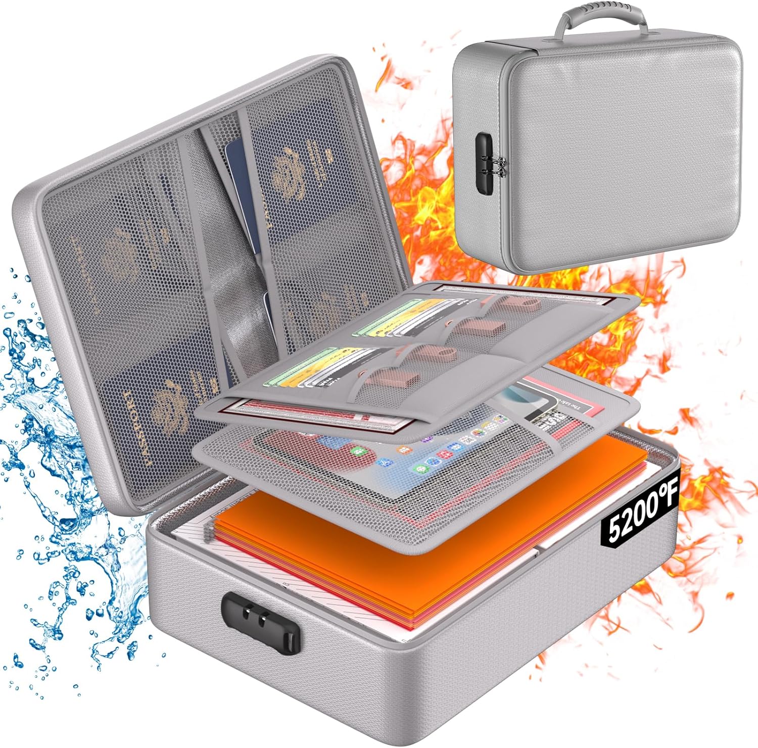 DocSafe 5200°F Document Organizer with Lock,Upgraded Heat Insulated Fireproof＆Waterproof Box 8 Layers File Organizer,Portable Home Travel Safe Storage for Important Documents, Files,Silver (Soft)
