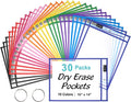 SUNEE 30 Packs Oversized Reusable Dry Erase Pocket Sleeves with 2 Rings, 10 Assorted Colors 10x14 Ticket Holders, Clear Plastic Sheet Protectors, Teacher School Classroom Supplies