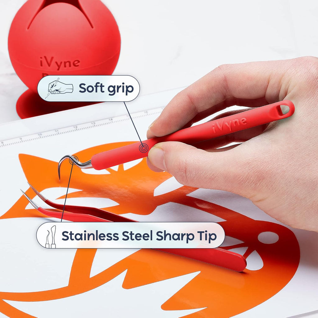iVyne (8pcs) Premium Vinyl Weeding Tool Kit & Weeding Scrap Collector Soft Grip Tools with Berry, Weeder, Tweezers, Picker Or Hook, and Scraper Set for Silhouette Cameos & Cricut - Red