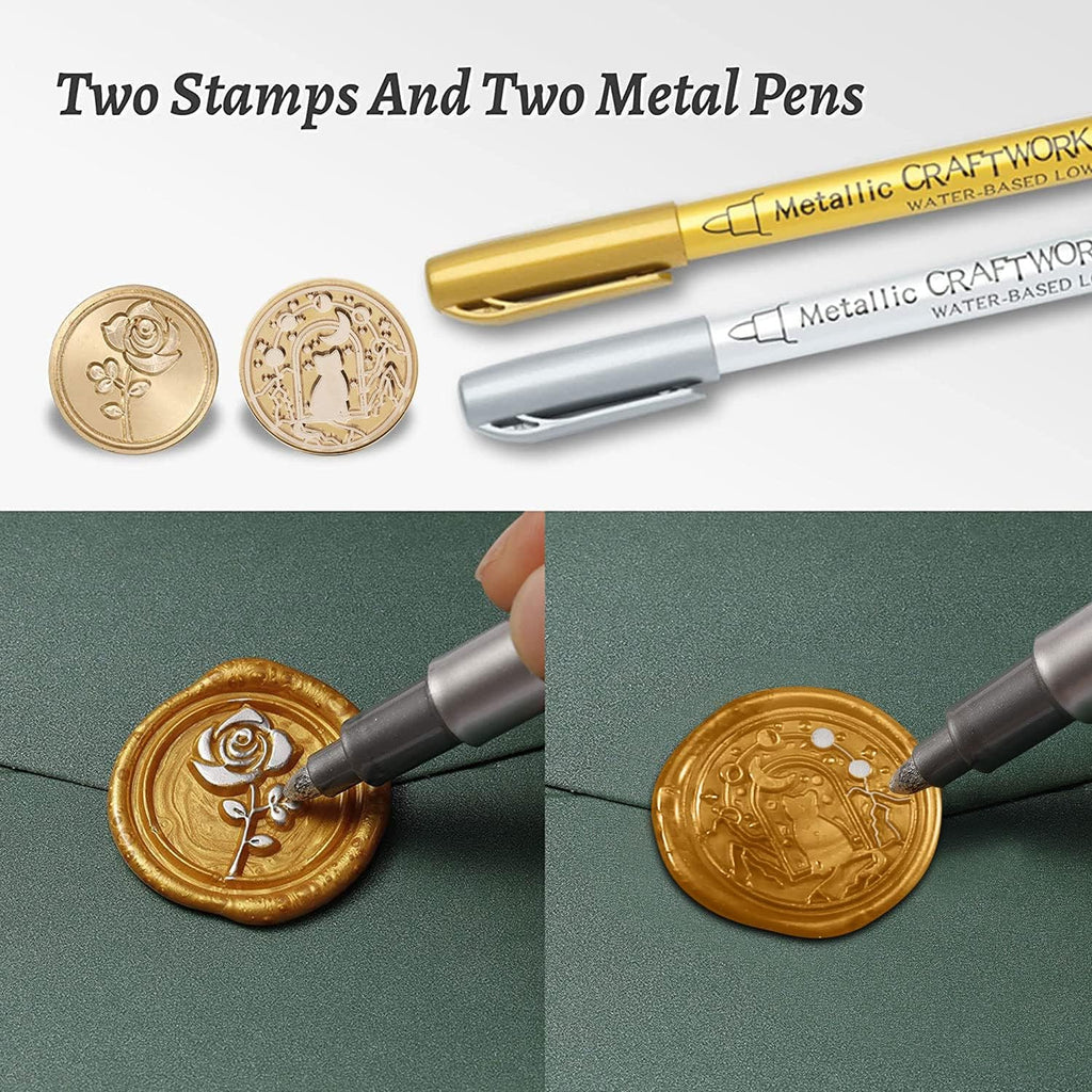 Comealltime Wax Seal Kit with Gift Box, 624 Pcs 24 Colors Sealing Beads, 2 Pcs Stamps, Sealing Wax Warmer, Metallic Pen, Envelope, Candles for Wedding Birthday Gift and DIY Craft, Sellado de Cera