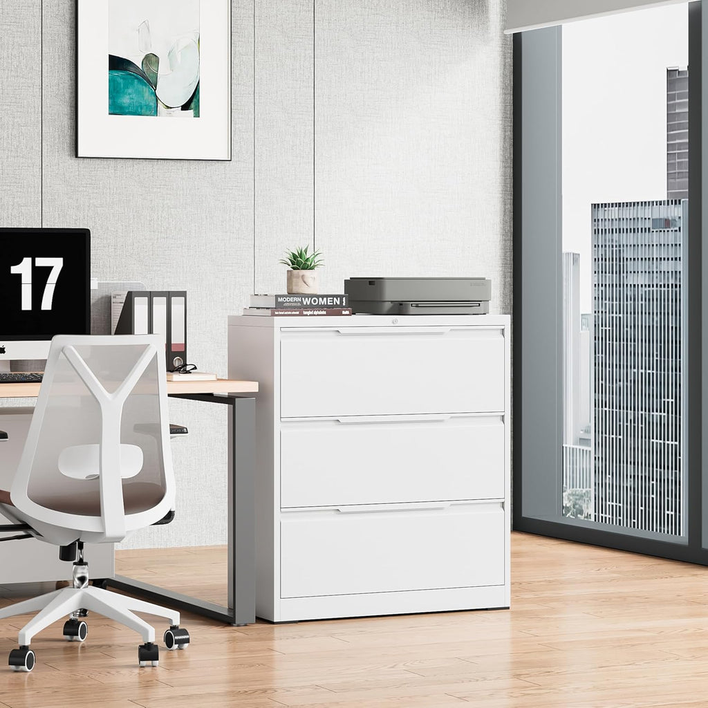 Bestoo Lateral File Cabinet with Lock, 3 Drawer Lateral Filing Cabinet for Office Home, Locking Metal Steel Wide for Hanging Files Letter/Legal/F4/A4 Size, Easy Assemble White