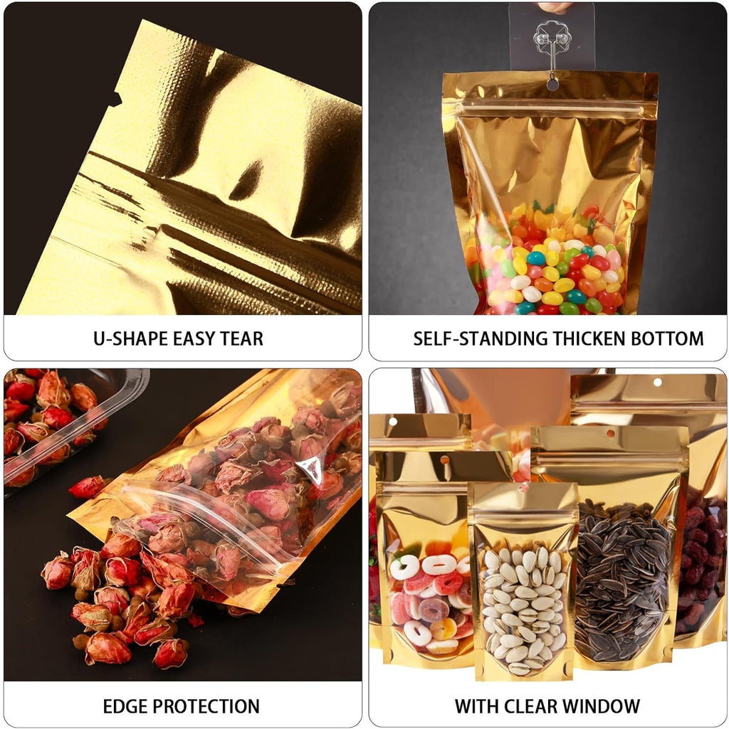 300 Pcs Mylar Bags for Food Storage 4x6 Mylar Bag with Window Stand Up Small Resealable Bags Smell Proof Bag Food Packaging for Small Business Freeze Dried Candy Jewelry Foil Packaging Gold