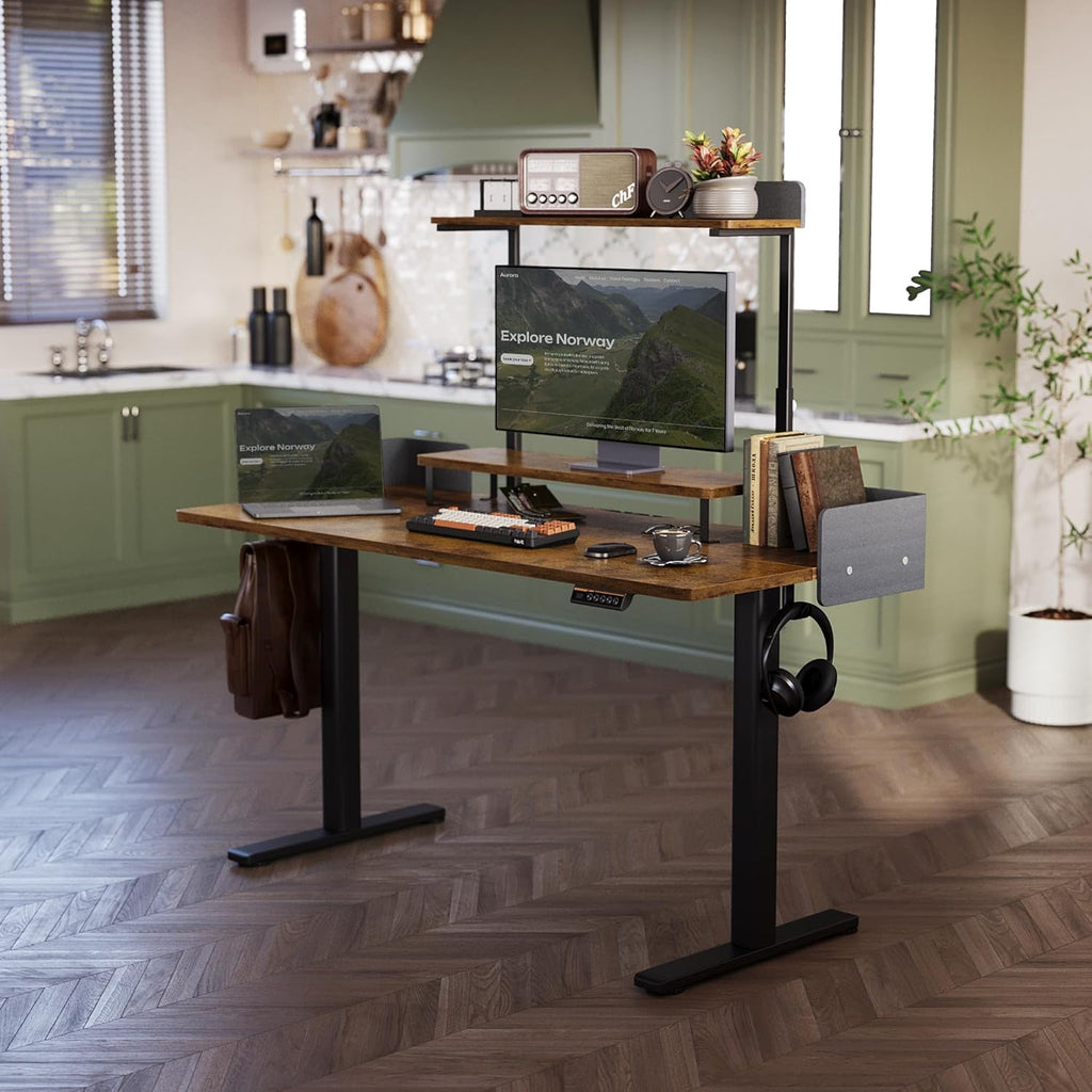 Claiks Electric Standing Desk with Removable Shelves, 55 x 24 Inches Height Adjustable Desk, Stand Up Monitor Stand Desk for Computer Workstation, Rustic Brown