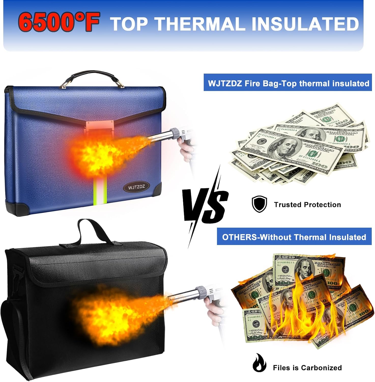 Large Capacity Upgraded Fireproof Money Bag with Lock 6500°F,10 Layers of Heat Insulated Materials with Waterproof Zipper/Reflective Strip with Handle for Cash/Important Documents