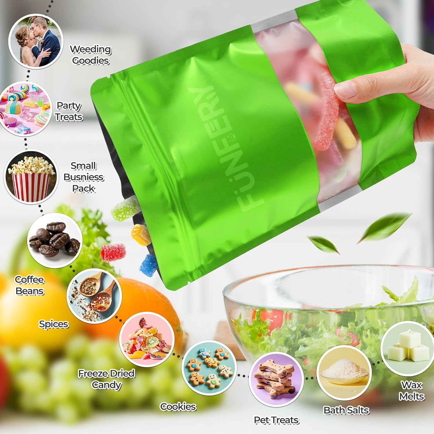 Funfery 100 Pcs Smell Proof Packaging Bags,Mylar Clear Bags for Food Storage,Sealable Bag for Packaging,Stand Up Pouches with Window,ReSealable Bag for Small Business,Cookies,Candy(Green,6.3x9.4in)