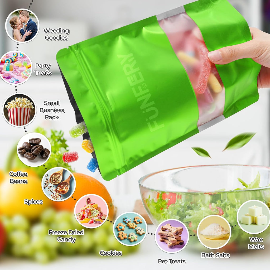Funfery 100 Pcs Smell Proof Packaging Bags,Mylar Clear Bags for Food Storage,Sealable Bag for Packaging,Stand Up Pouches with Window,ReSealable Bag for Small Business,Cookies,Candy(Green,4x6in)