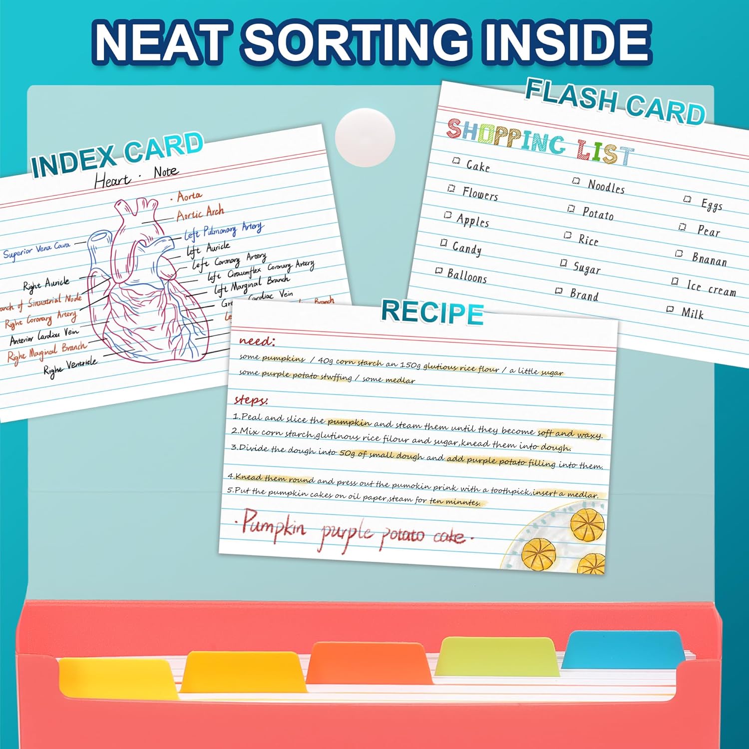 H4D 4x6 Index Card Case with 100 Heavyweight Ruled Index Cards and Dividers, Red