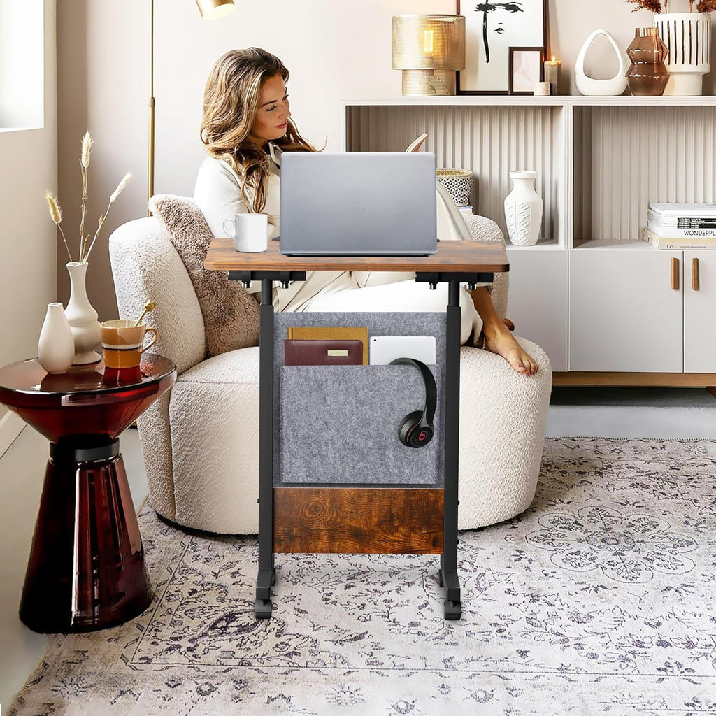 KOUPA Height Adjustable Standing Desk with Storage Bag widths16 in Length 24 in, Portable Rolling Mobile Stand Up Table with Wheels, 360 Degree Flip Laptop Computer Desk for Home Office, Rustic Brown