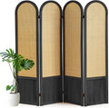 4 Panel Room Divider and Folding Privacy Screen, 5.6 Ft Foldable Double Hinged Rattan Partition, Hand-Woven Rattan Room Divider Portable Wood Freestanding Wall Divider for Room Separation - Black