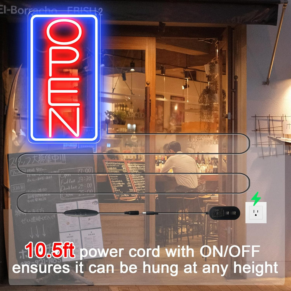 Led Neon Open Signs for Business,16.5"X 9" Ultra Bright Open Signs, Powered by 12V/2A AC Adapter, 6 Levels Adjustable Bright Led Neon Open Sign for Bar Salon Coffee Stores Club Hotel (Vertical)