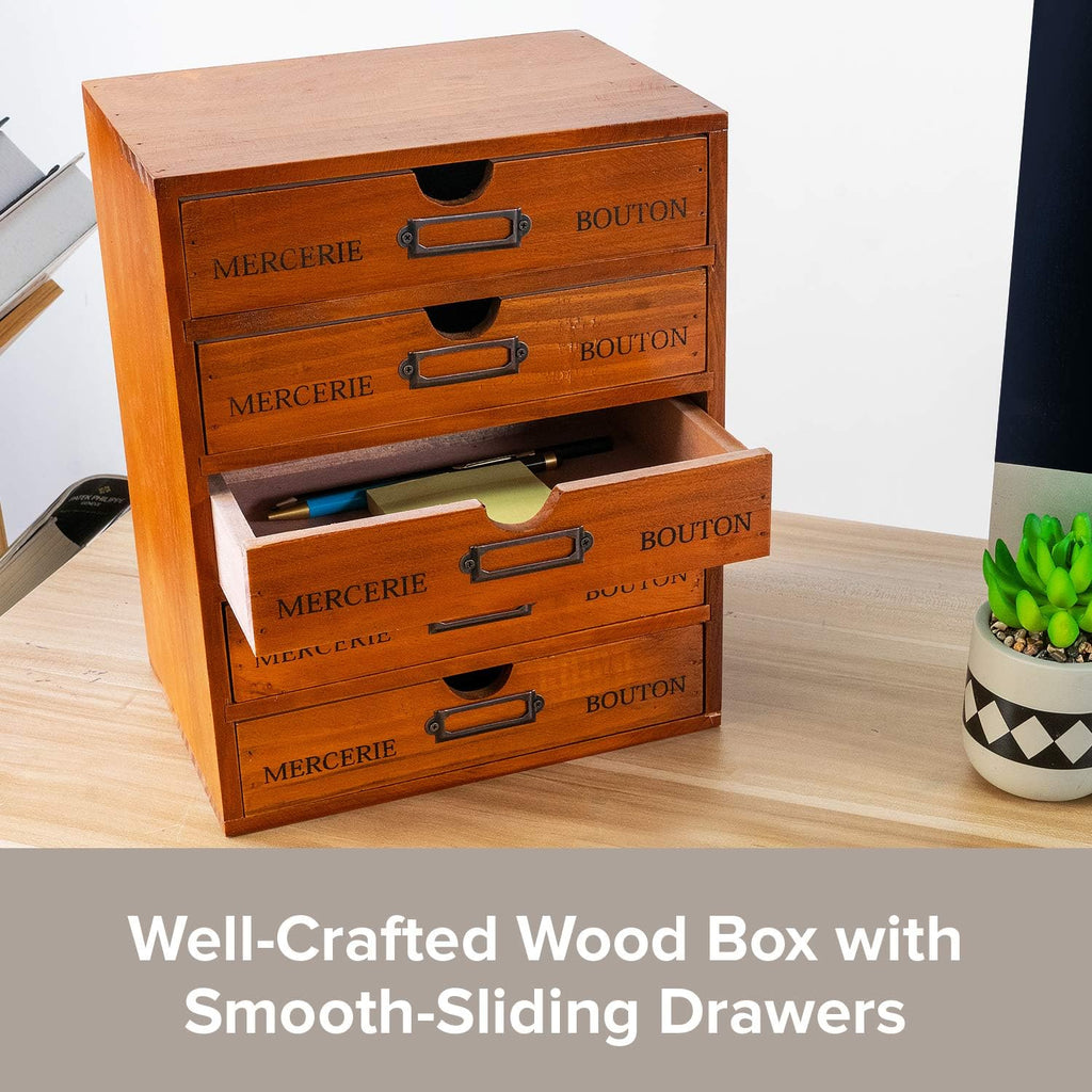 Vintage 5-Drawer Wooden Desk Organizer - Craft Storage Drawers - Rustic Shelf Drawer - Ideal Home Office Organizers and Accessories - Embroidery Floss - Apothecary Cabinet, Art Storage I Stackable