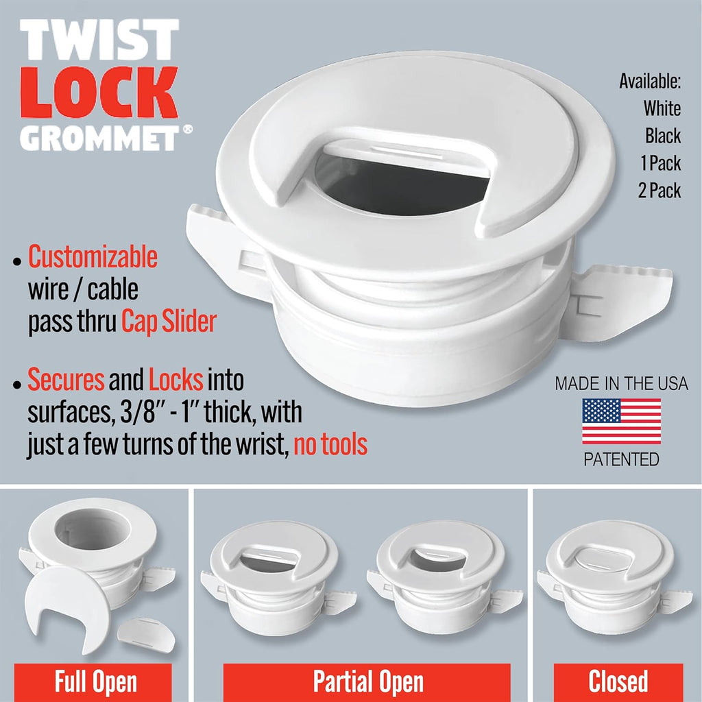 (2-Pack White) Cable, Wire & Cord Management - Self Locking Grommet with Cover for Walls, Ceilings, Desks, Used for All Surfaces 3/8” to 1” Thick, Made in USA