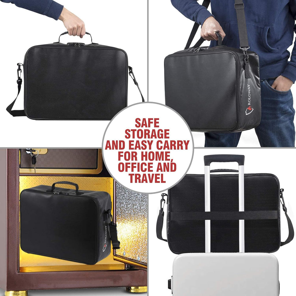 ROLOWAY Fireproof Document Bag with Lock (17 x 11.8 x 5 inch), Important Document Storage Bag with Multi-Layer File Organizers (Black)