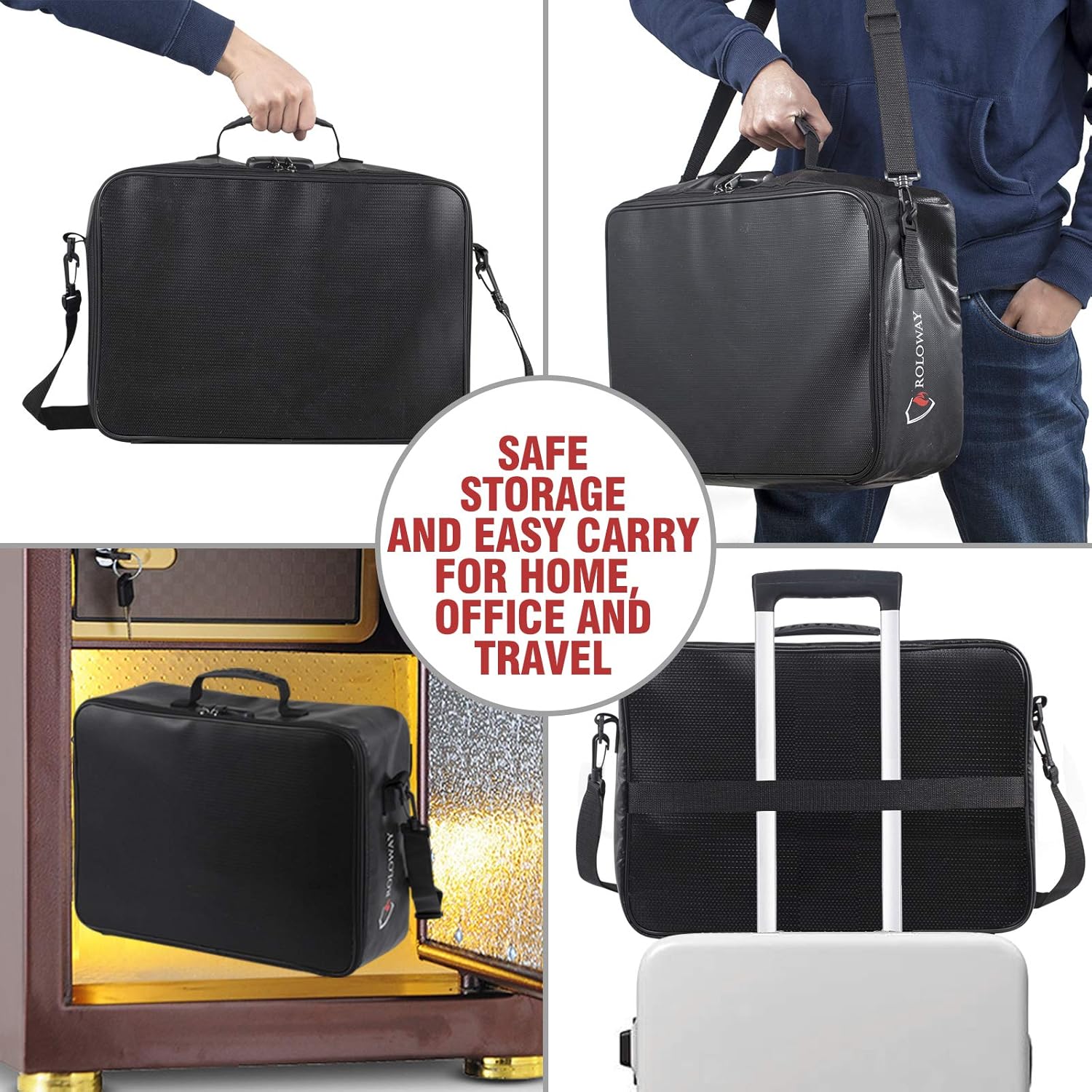 ROLOWAY Fireproof Document Bag with Lock (17 x 11.8 x 5 inch), Important Document Storage Bag with Multi-Layer File Organizers (Black)