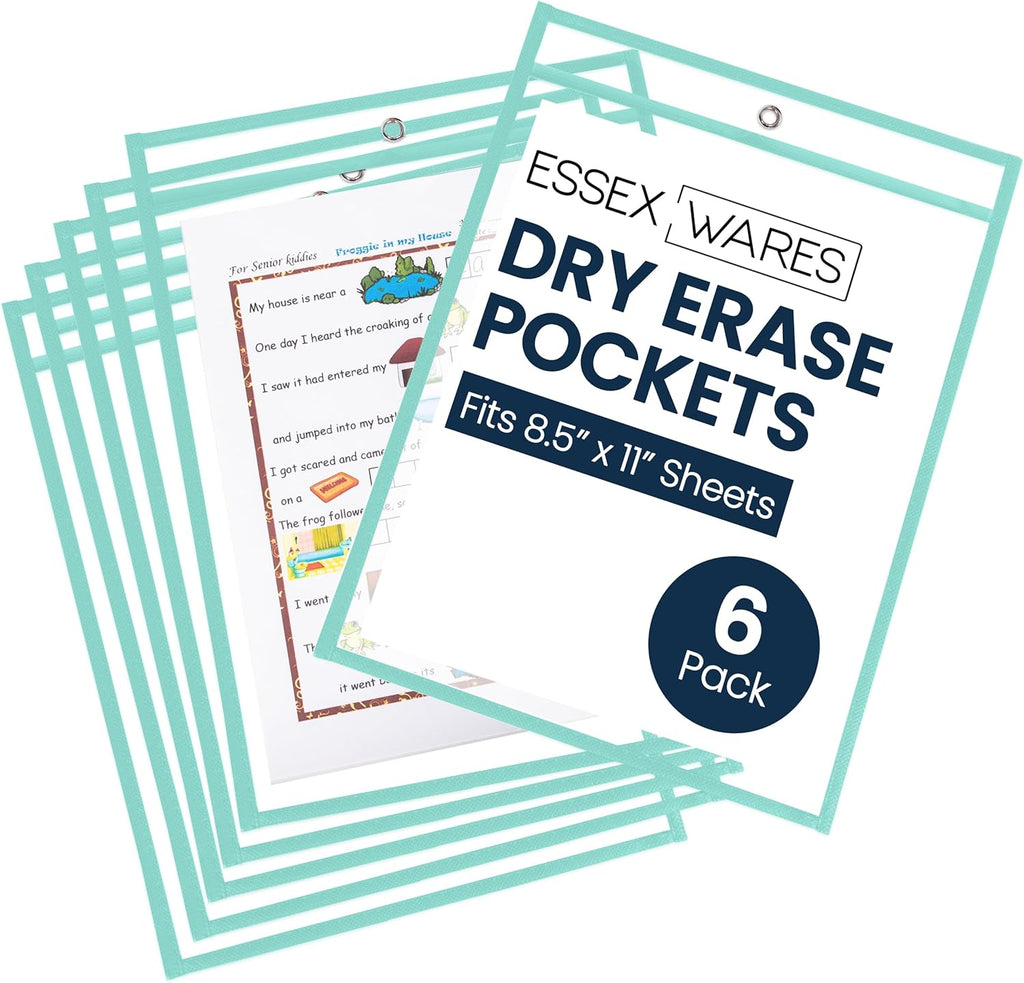Essex Wares - 6 Pack, Seafoam, Durable Water-Resistant Dry Erase Pocket Document Protectors, 10" Wide x 13.5" Tall - Dry Erase Clear Plastic Sleeves - Reusable & Easy Erase Plastic Invoice Holders