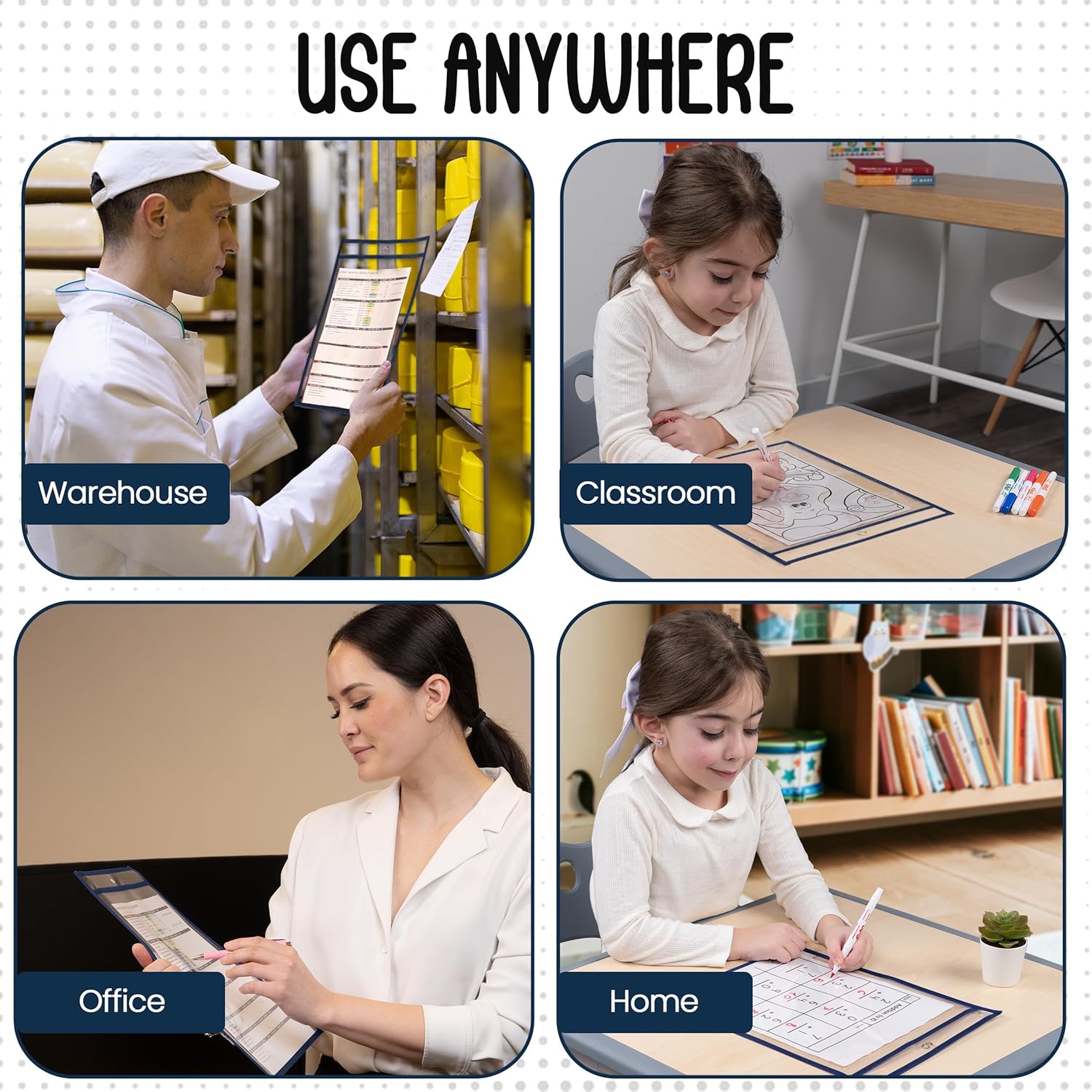 Essex Wares - 6 Pack, Navy Blue, Water-Resistant Dry Erase Pocket Document Protectors, 10" Wide x 13.5" Tall - Dry Erase Clear Plastic Sleeves - Reusable & Easy Erase Plastic Invoice Holders