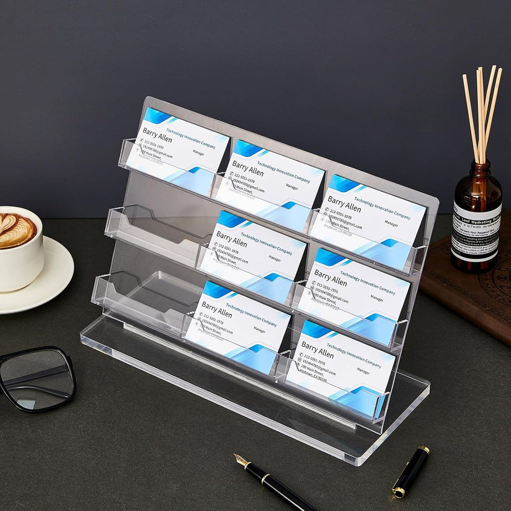 2 Pack Business Card Holder for Desk 9 Slots Freestanding Clear Acrylic Business Card Holder Display Stand Multiple Organizer for Office Meeting Exhibition Home