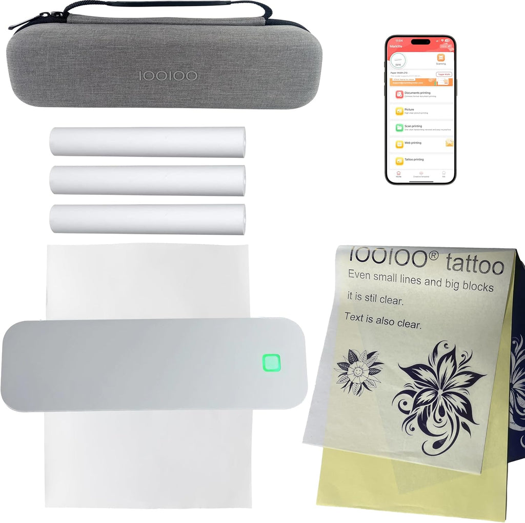 IOOIOO D210 Portable Printer, Wireless Inkless Bluetooth Thermal Printer for Tattoo Stencil Transfer Paper, for 8.5 x 11 Letter, A4 Rolled & Folded Thermal Paper (White, with Carrying Case)