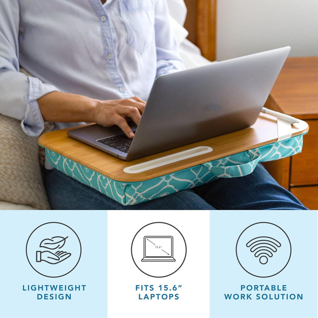 LAPGEAR Designer Lap Desk with Phone Holder and Device Ledge - Aqua Trellis - Fits up to 15.6 Inch Laptops - Style No. 45422