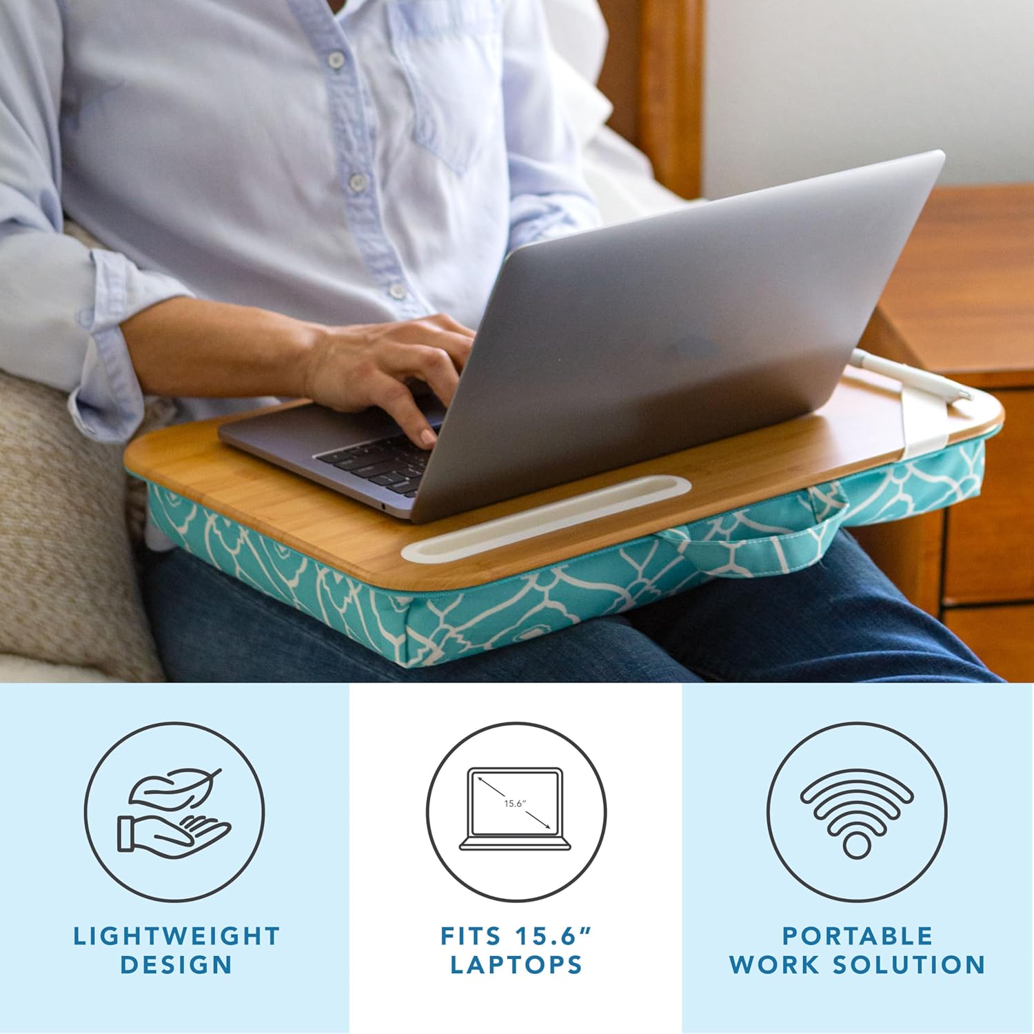 LAPGEAR Designer Lap Desk with Phone Holder and Device Ledge - Aqua Trellis - Fits up to 15.6 Inch Laptops - Style No. 45422