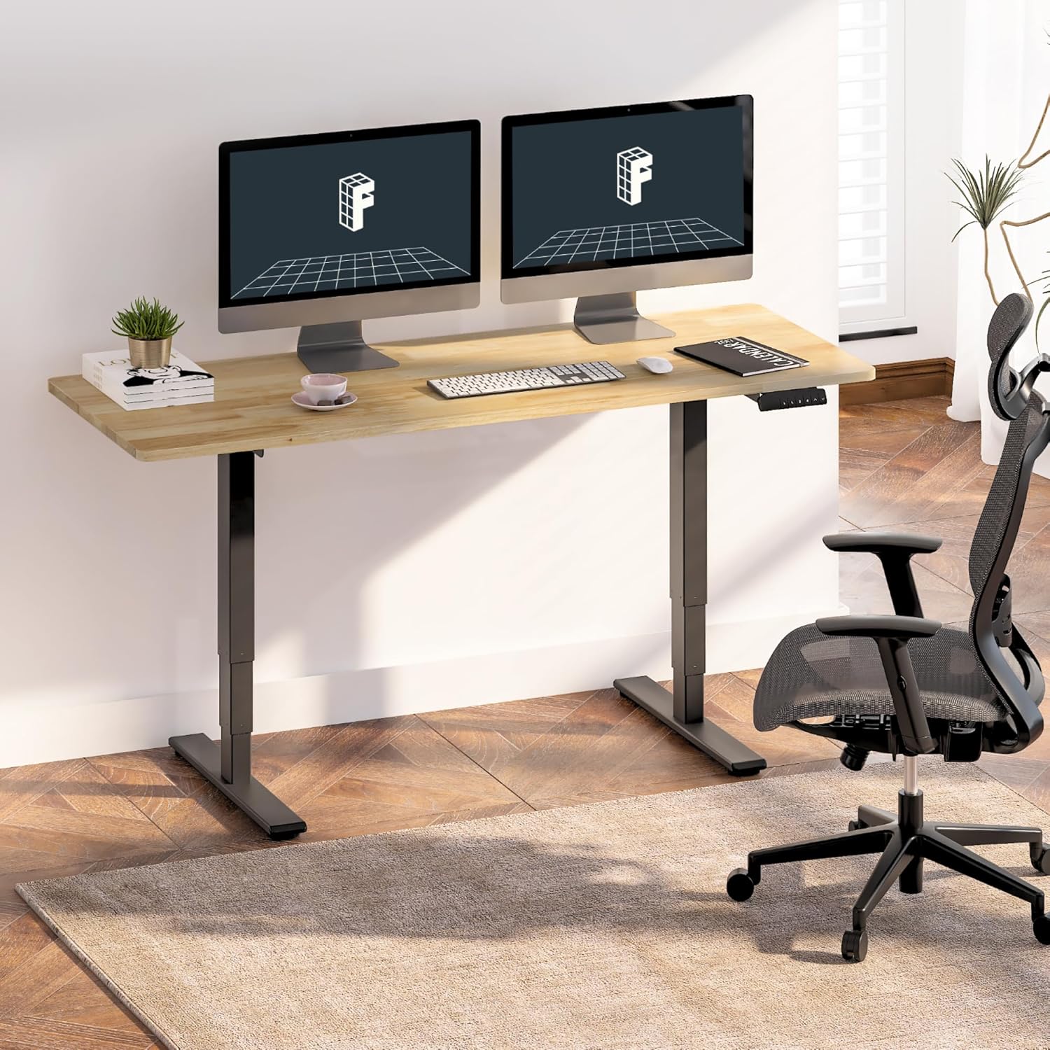 FLEXISPOT E6 Essential Solid Rubber Wood 3 Stages Dual Motor 63x24 Inch Electric Height Adjustable Standing Whole-Piece Board Desk Sit Stand Up Desk (Black Frame + Solid Wood Desktop)