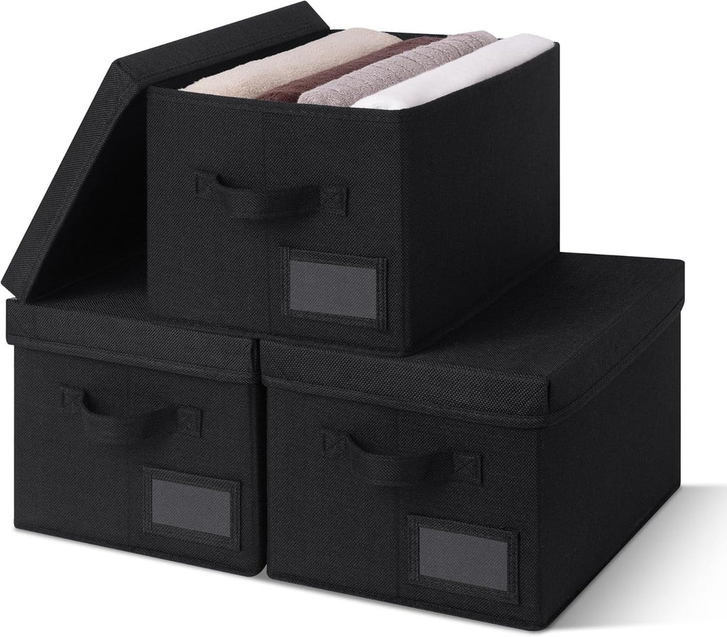 GRANNY SAYS Storage Bins with Lids, Linen Storage Bins for Shelves, Decorative Storage Boxes, Clothes Storage and Organization, Storage Boxes for Organizing, 3-Pack, Black