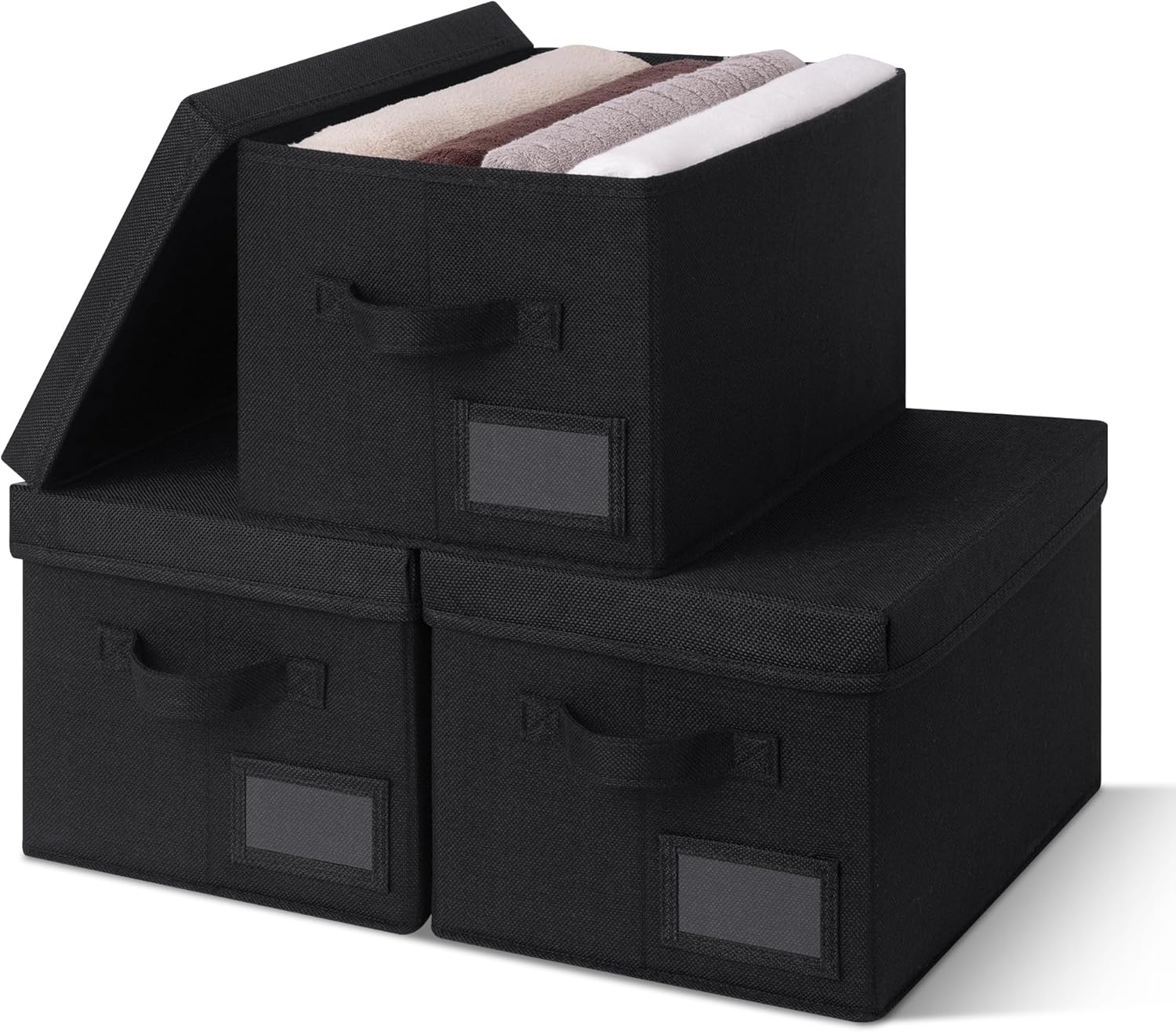GRANNY SAYS Storage Bins with Lids, Linen Storage Bins for Shelves, Decorative Storage Boxes, Clothes Storage and Organization, Storage Boxes for Organizing, 3-Pack, Black