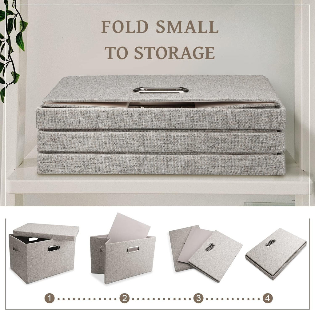 Medium 15" 21 Quart Collapsible Stackable Storage Bins with Lids, 5 Packs Beige Foldable Fabric Closet Boxes Heavy-duty Lidded Linen Cube Baskets Container Organizers and Storage