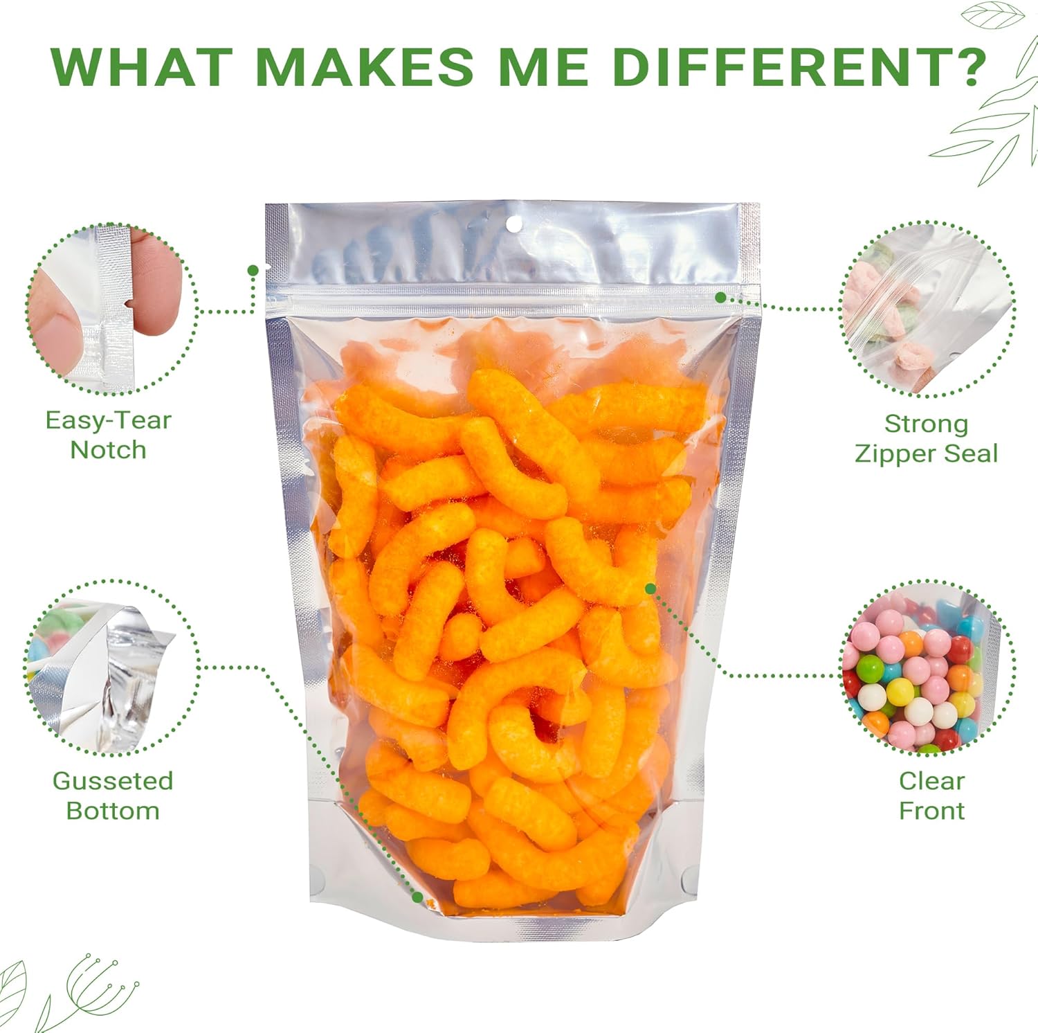 100 Pack 7.5" x 11.5" Clear/Silver Resealable Stand Up Pouch Bags Mylar Food Packaging with Clear Window and Tear Notches