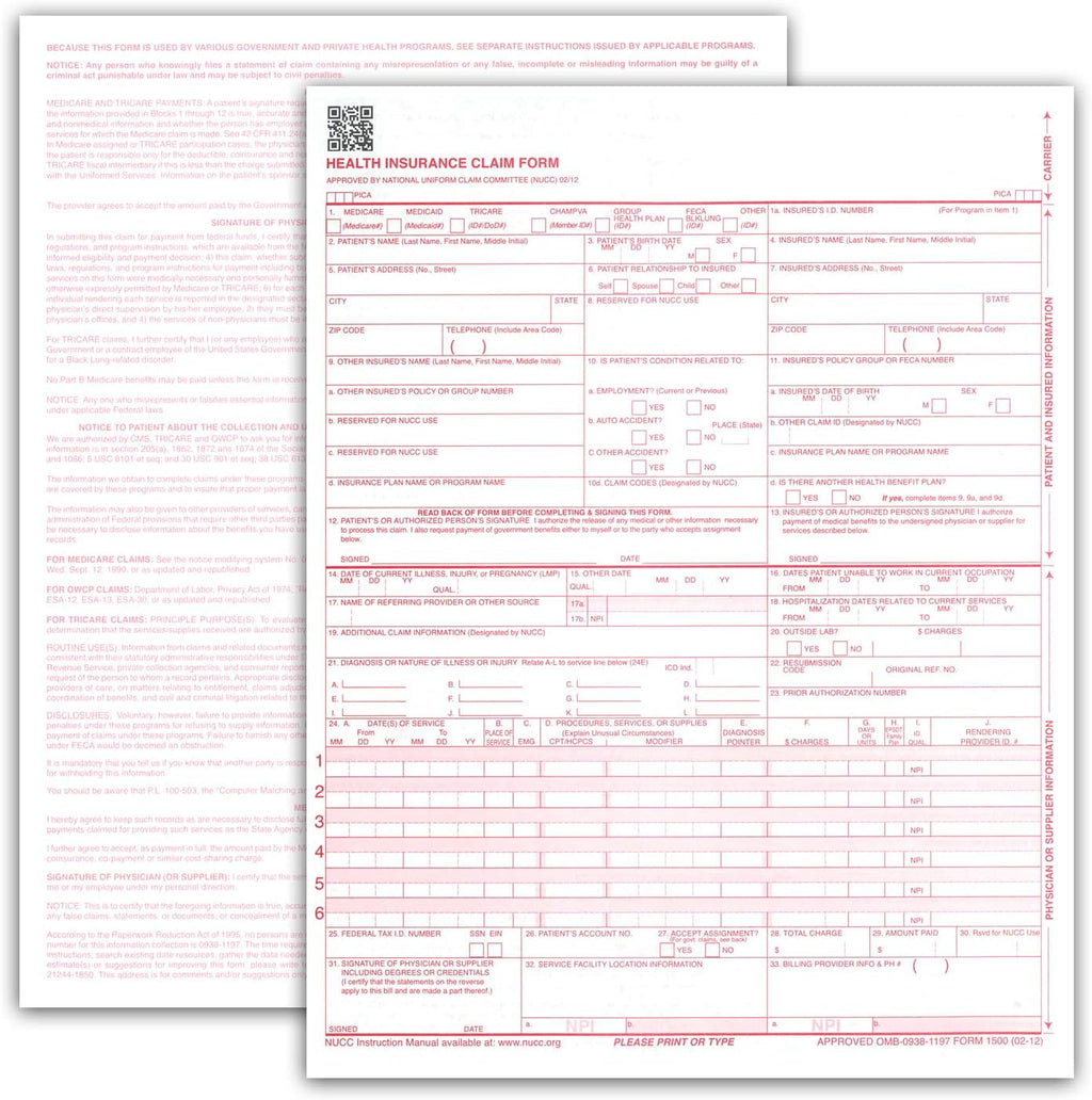 NextDayLabels - CMS 1500 / HCFA 1500 Insurance Claim Forms - Laser/Ink-Jet Compatible (New Version 02/12) Letter Size 8-12" x 11", 1000 Sheets Per Pack