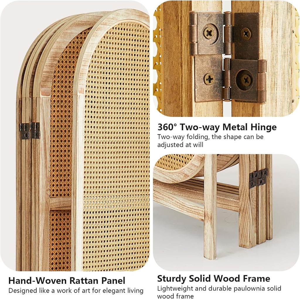 4 Panel Room Divider 5.6 Ft Hand-Woven Rattan Room Divider Screen, Foldable Wood Folding Privacy Screens with Double Hinges, Wall Divider for Room Separation Bedroom Home Office - Natural
