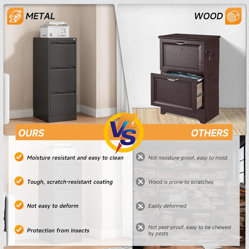 17.8" D File Cabinet, 3 Drawer Metal Filing Cabinets with Lock, Locking Vertical File Cabinet for Letter/Legal/A4/F4 Size, Easy Assemble (Black)