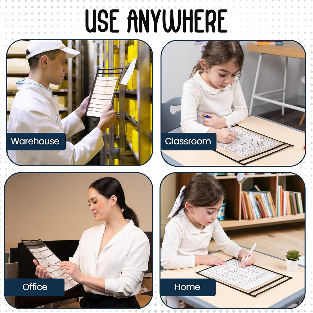 Essex Wares - 10 Pack, Black, Job Ticket Holders, 10" Wide x 13.5" Tall - Clear Plastic Shop Ticket Holders - Easy to Use, Reusable & Easy Erase Plastic Invoice Holders, Water-Resistant & Durable