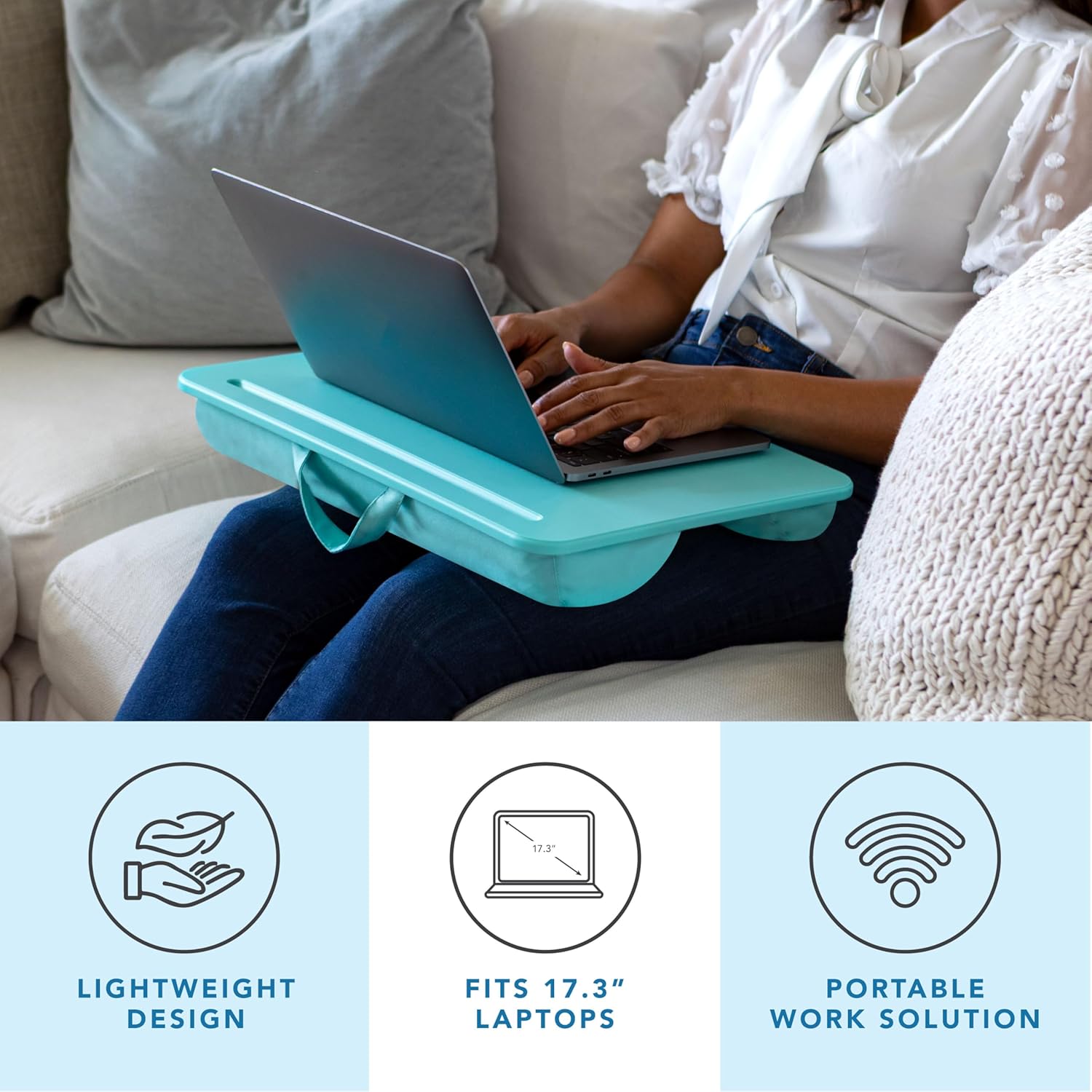 LAPGEAR Original Lap Desk – Large (17.9” x 13”) | Fits Up to 17.3” Laptops | Cushioned with Device Ledge, Pencil Tray & Handle | Portable & Lightweight | Aqua Sky – Style No. 45159