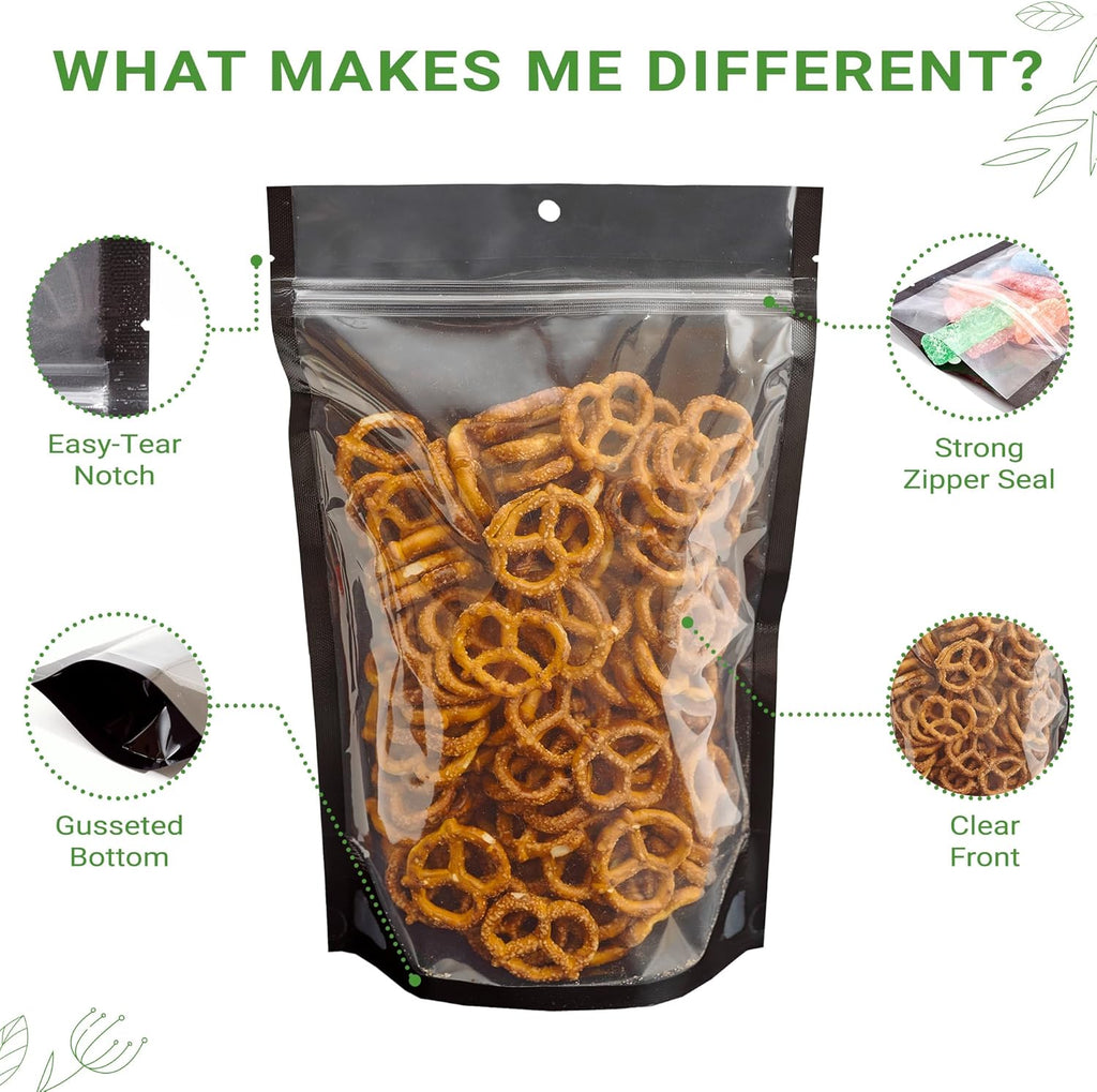 100 Pack 7.5"x11.5" Clear/Black Resealable Stand Up Pouch Bags Mylar Food Packaging with Clear Window and Tear Notches